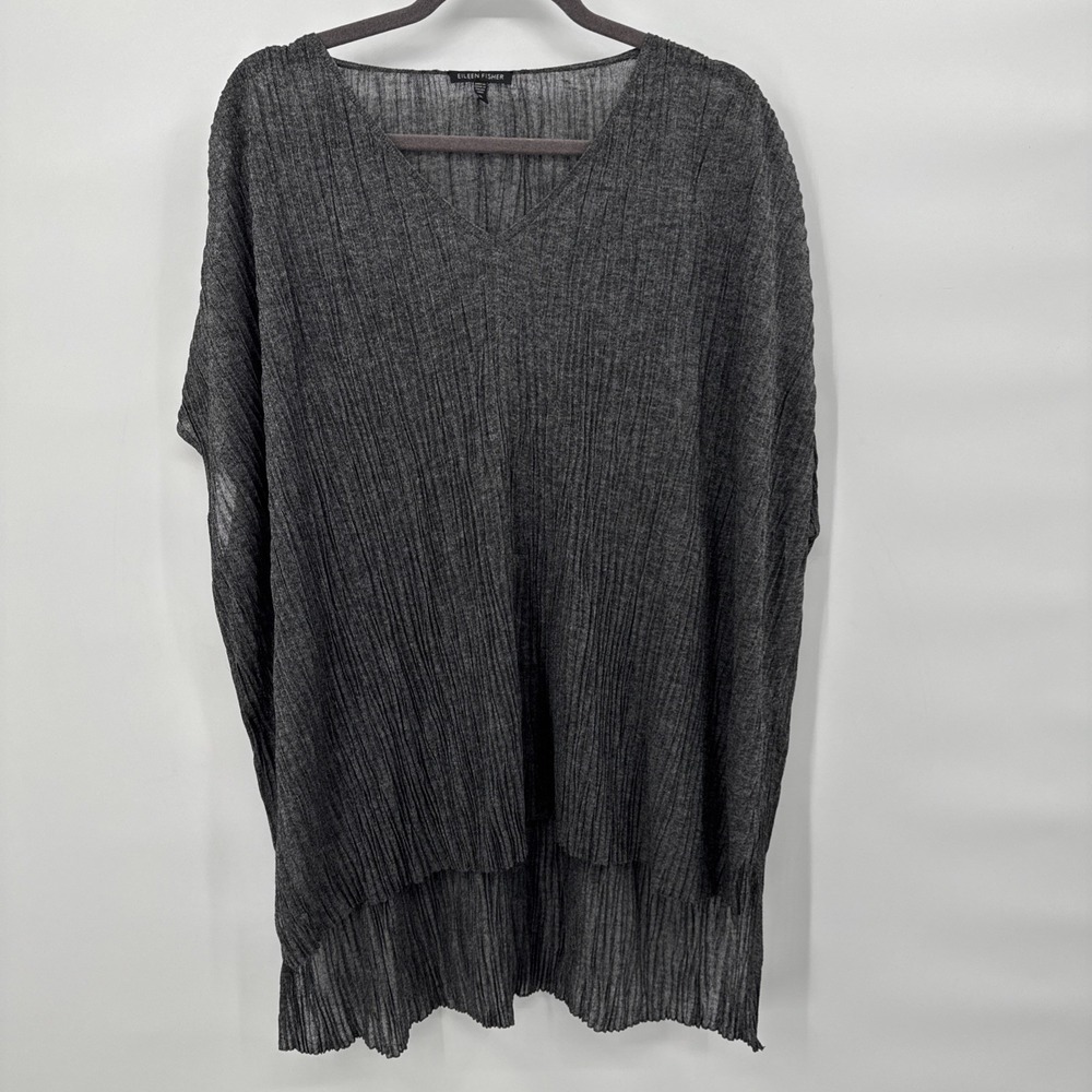 Eileen Fisher Pressed Viscose Linear Crinkle V Neck Short Sleeve Boxy Tunic XL‎